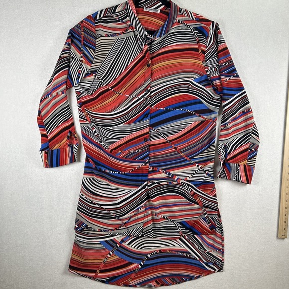 Mishca High Low Blouse Multicolor Striped Button Down Long Slv Women's Large - Picture 3 of 9